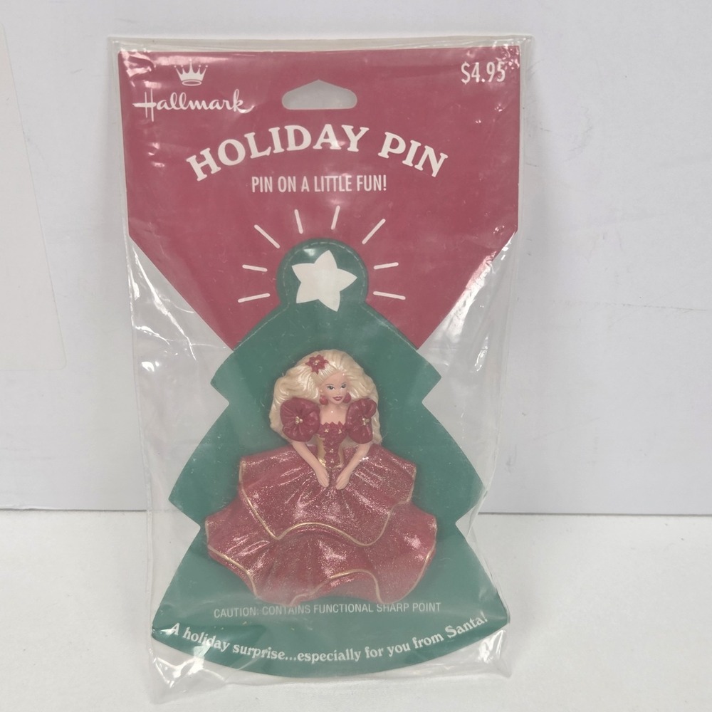 Holiday Barbie Hallmark Pin Christmas 1995 Vintage Red Dress Ornament Brooch
